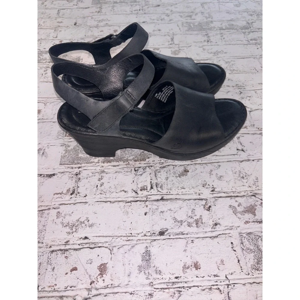 Born Black‎ Leather Wedge Sandals Womens 10M F41203 VCJL17 Comfort Platform